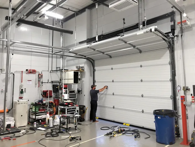Westerly Garage Door Repair certified technician performing commercial door repair at a Westerly business facility