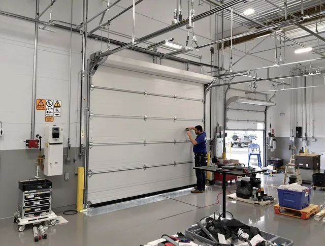 Commercial garage door repair being performed by Westerly Garage Door Repair expert in Westerly