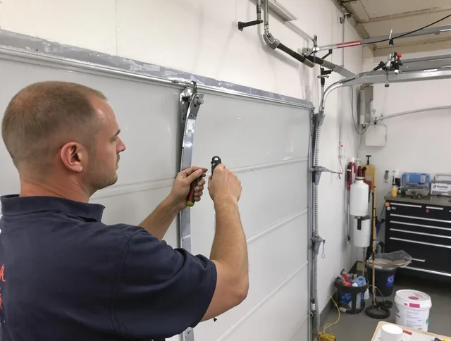 Before and after garage door dent repair by Westerly Garage Door Repair in Westerly