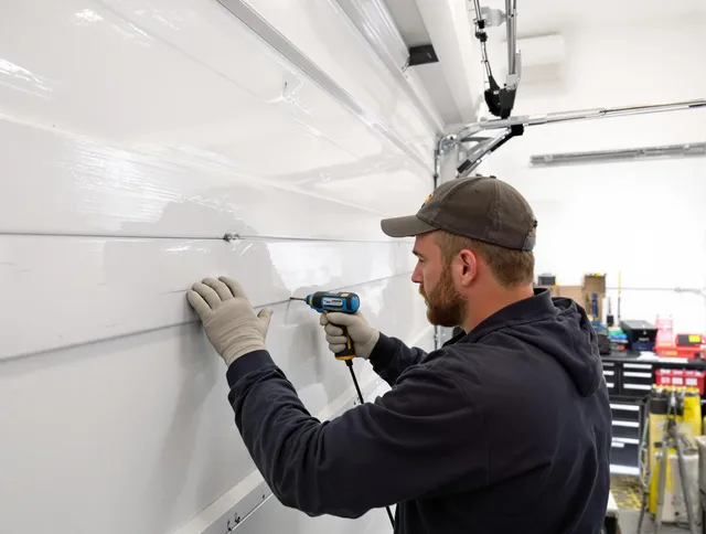 Westerly Garage Door Repair technician demonstrating precision dent removal techniques on a Westerly garage door