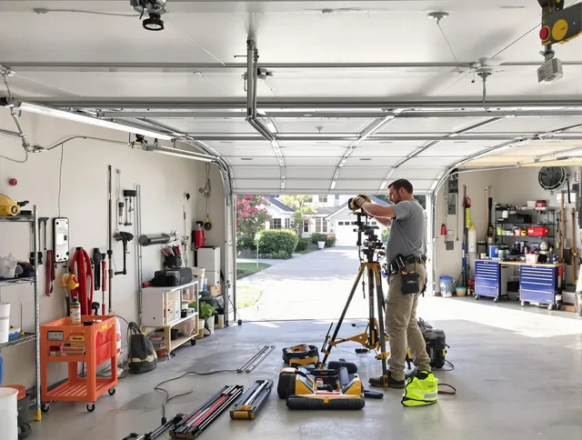 Westerly Garage Door Repair specialist performing laser-guided track alignment in Westerly